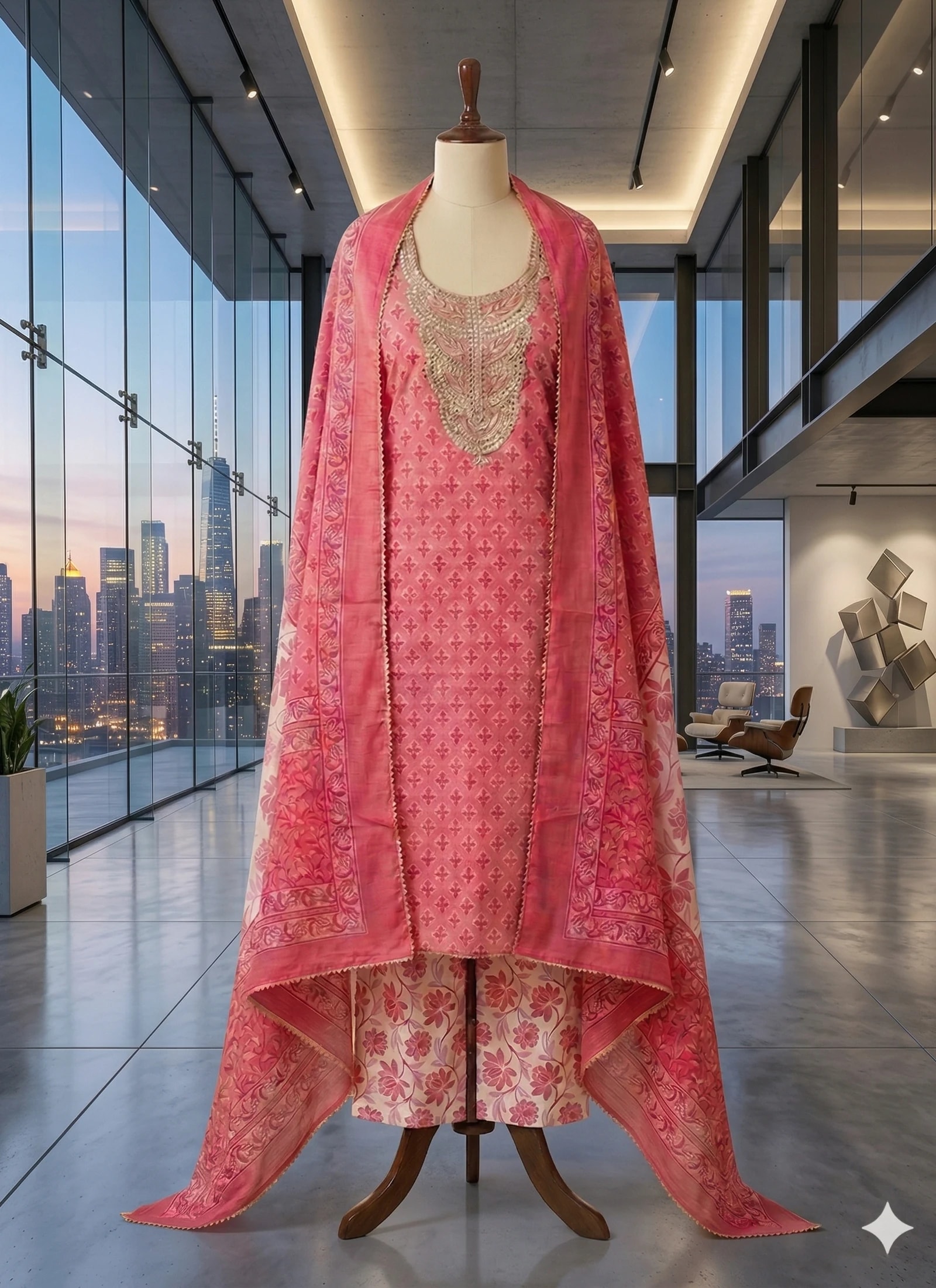 New collection look — embroidered suit in soft neutrals