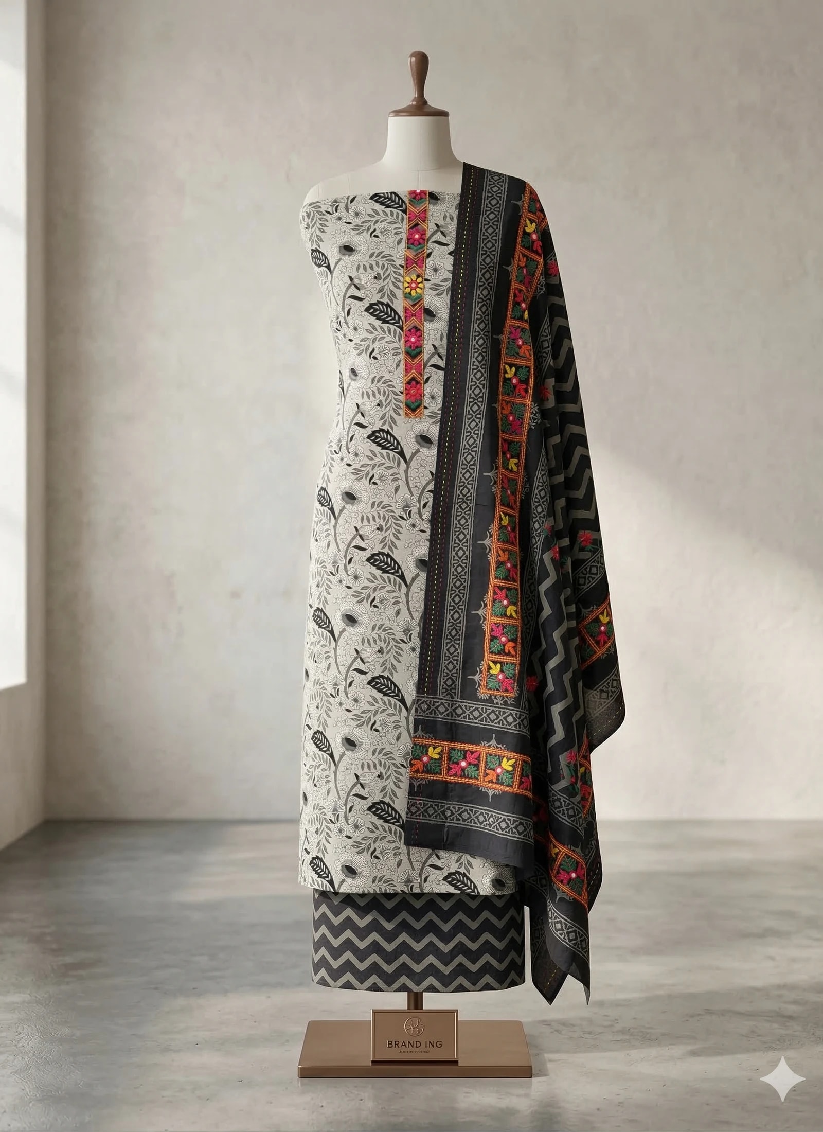 New collection look — printed black & white suit