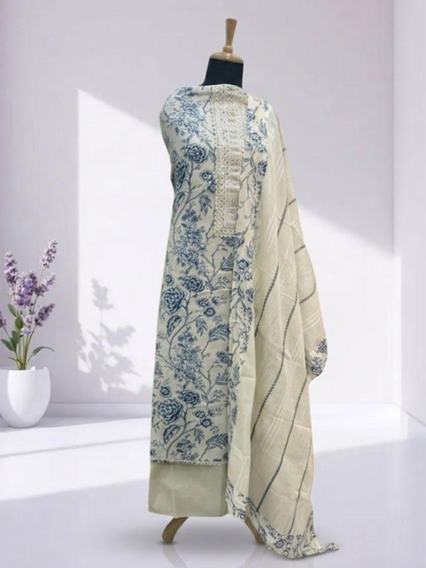 Beige Blue Printed Suit