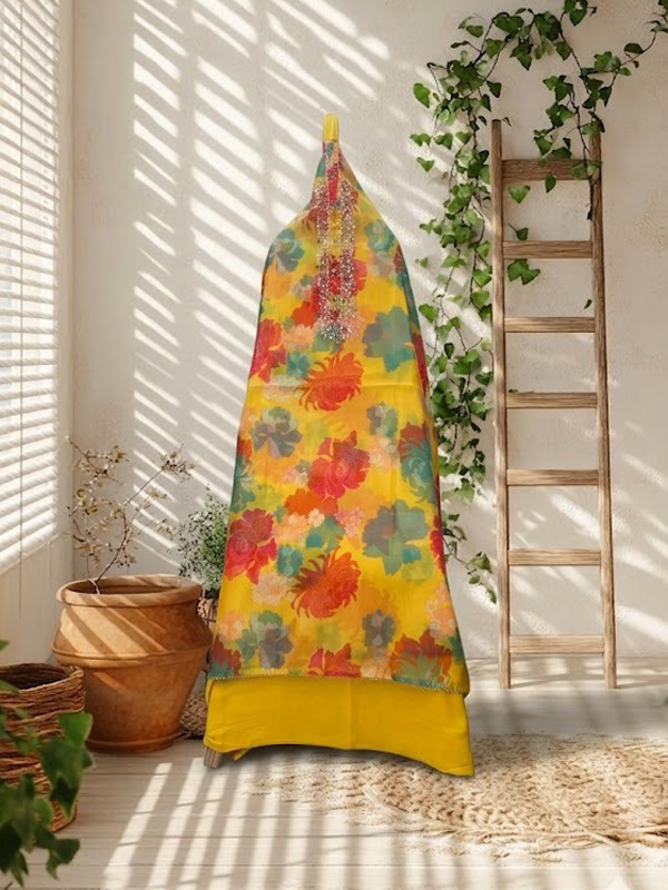 Yellow Floral Organza Suit